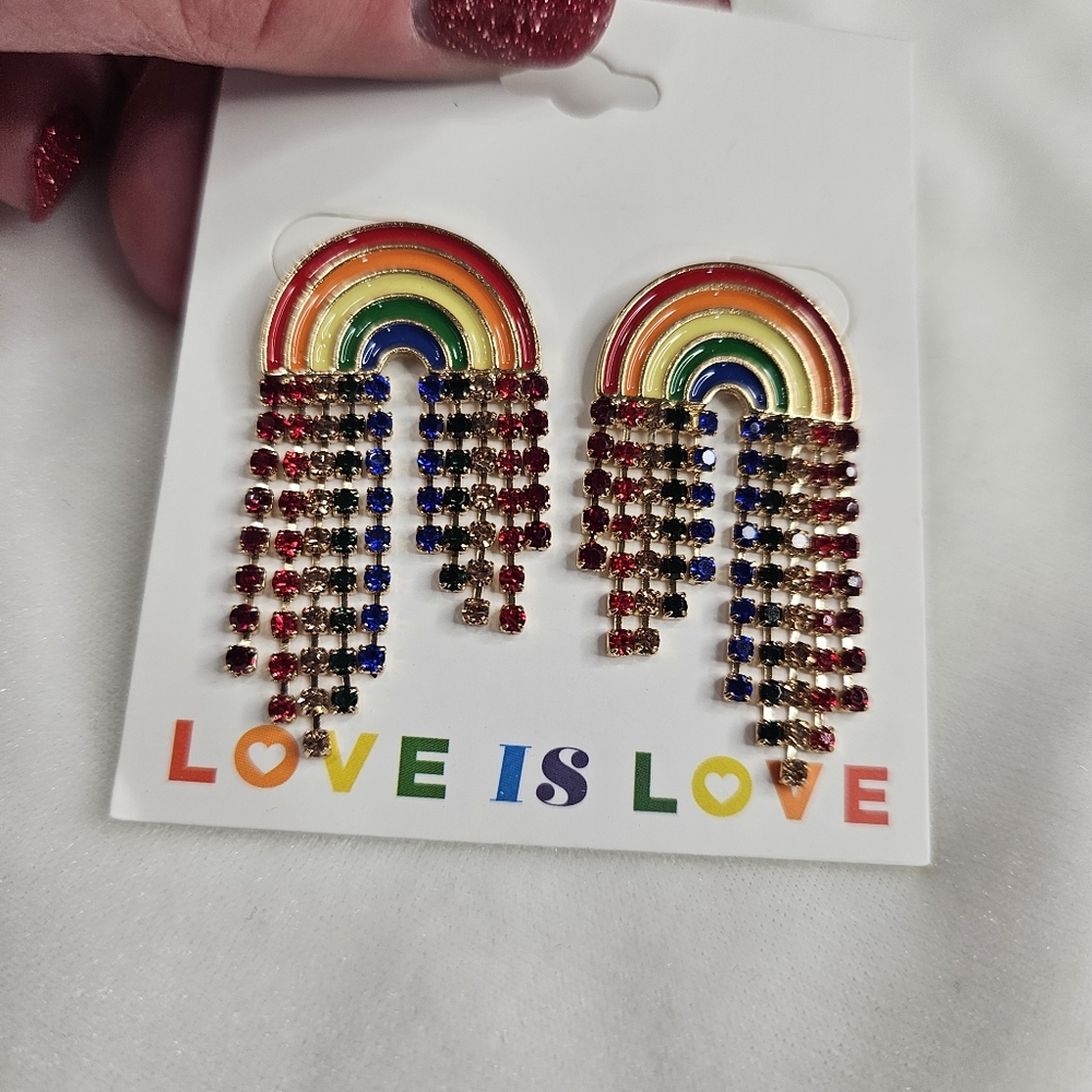 Love Is Love Rainbow Rhinestone Pierced Earrings NWT LBGTQ Pride Fashion Jewelry